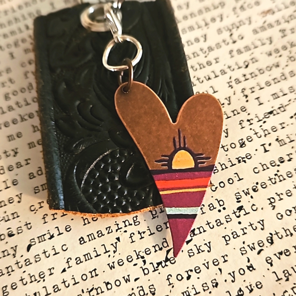 Vintage black tooled leather keyring copper heart charm ooak aromatherapy boho